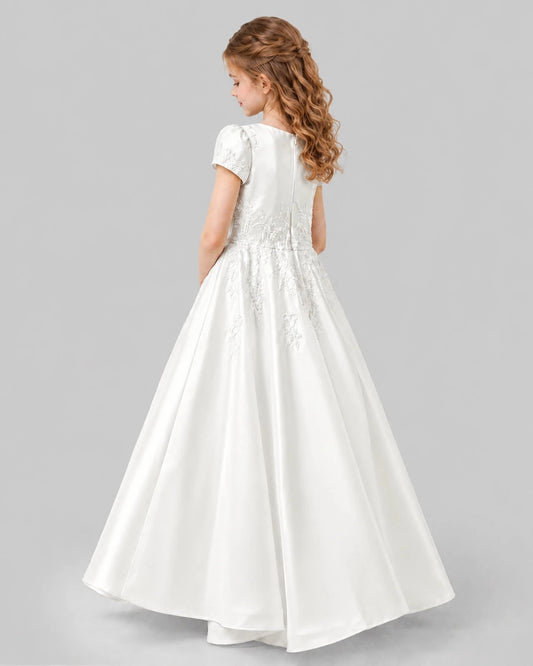 Elegant A Line Scoop Neck Puff Sleeve Closed Back Floor Length Communion Dress