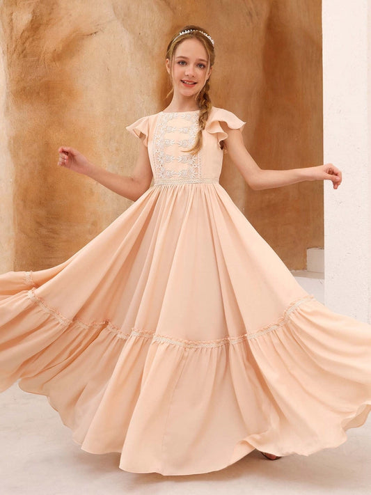 Elegant A?Line Round Neck Flutter Sleeve Zipper Back Maxi Junior Bridesmaid Dress