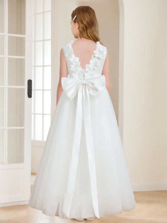 Elegant A Line Boat Neck Sleeveless V Back Floor Length Communion Dress