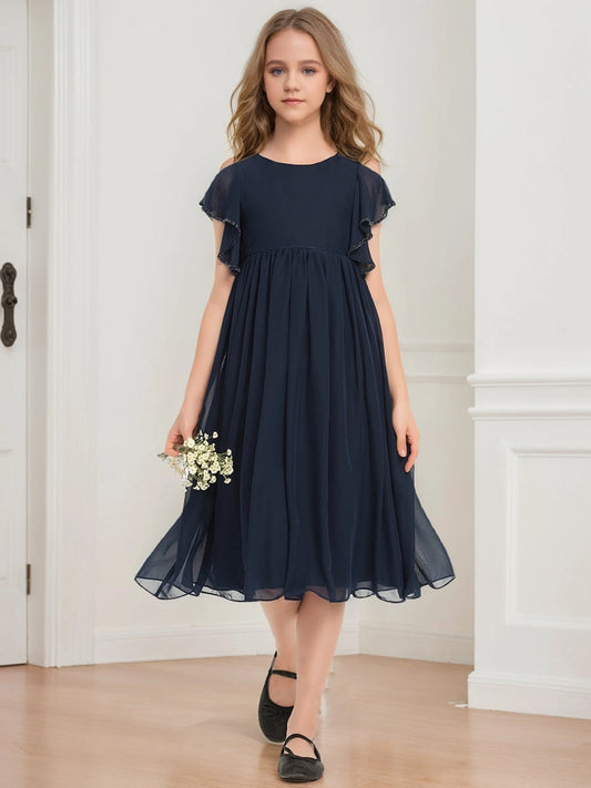 Elegant A?Line Round Neck Flutter Sleeve Zipper Back Midi Junior Bridesmaid Dress  >