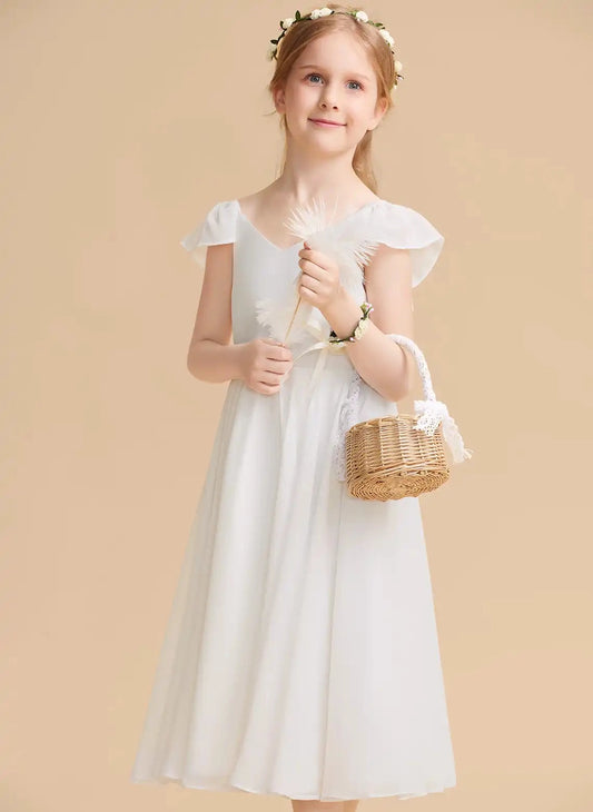 Elegant A Line V Neck Flutter Sleeve V Back Tea Length Flower Girl Dress