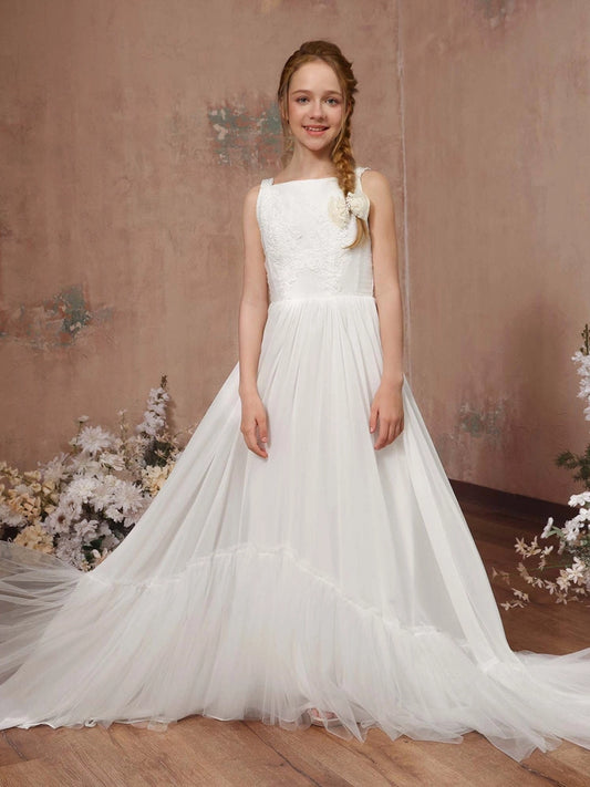 Elegant A?Line Square Neck Sleeveless Lace Cutout Back Train Length First Communion Dress