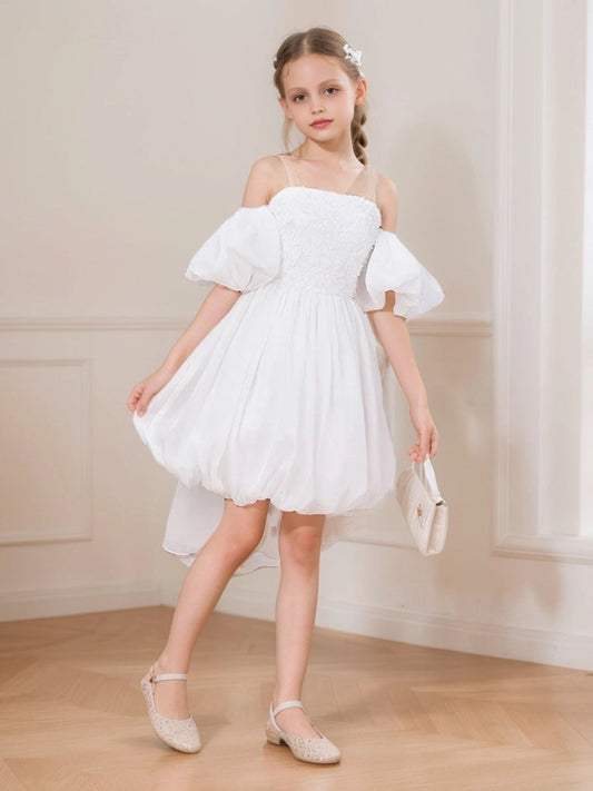 Elegant A Line Square Neck Puff Sleeve Bow Back High Low Flower Girl Dress
