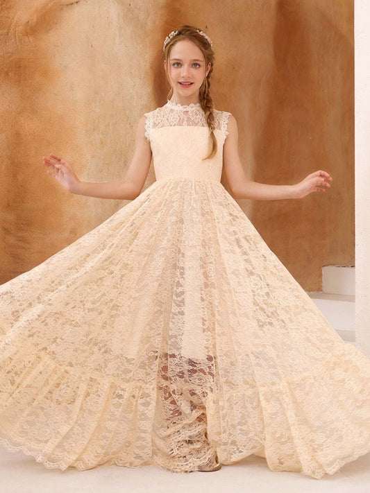Champagne A?Line High Neck Sleeveless Keyhole Back Maxi Junior Bridesmaid Dress