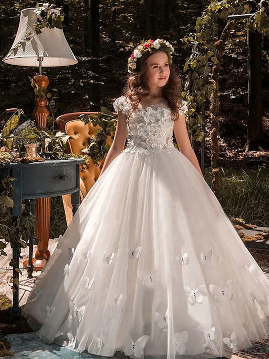 Romantic A?Line Round Neck Cap?Sleeve Illusion?Back Train?Length Flower Girl Dress