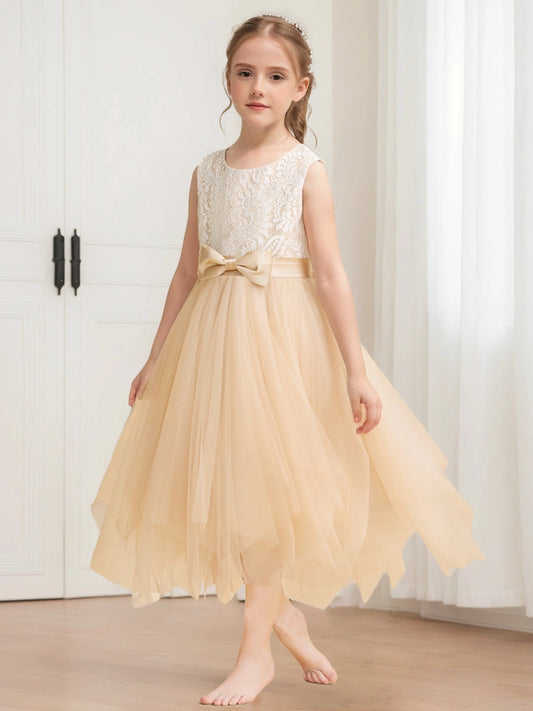 Elegant A Line Round Neck Sleeveless Bow Back Midi Flower Girl Dress