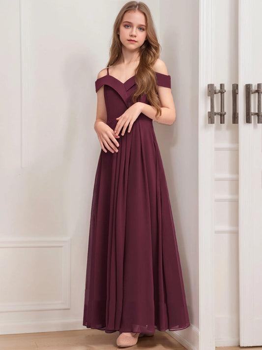 Elegant A?Line Off?The?Shoulder Cold?Shoulder V?Back Floor?Length Junior Bridesmaid Dress  >