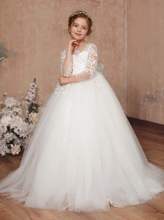 Elegant Ball Gown Illusion Neck Long Sleeve Lace Up Back Train Length First Communion Dress