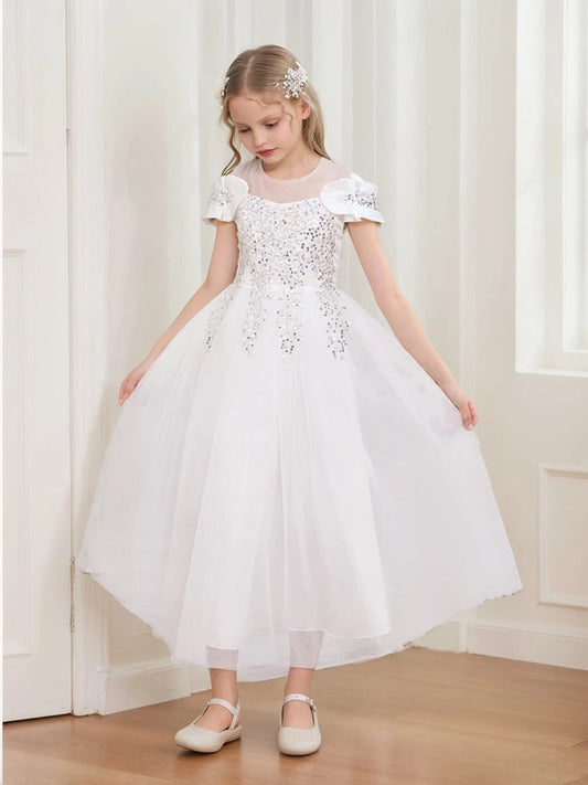 Elegant Ball Gown Sheer Neck Ruffle Sleeve Bow Back Communion Dress