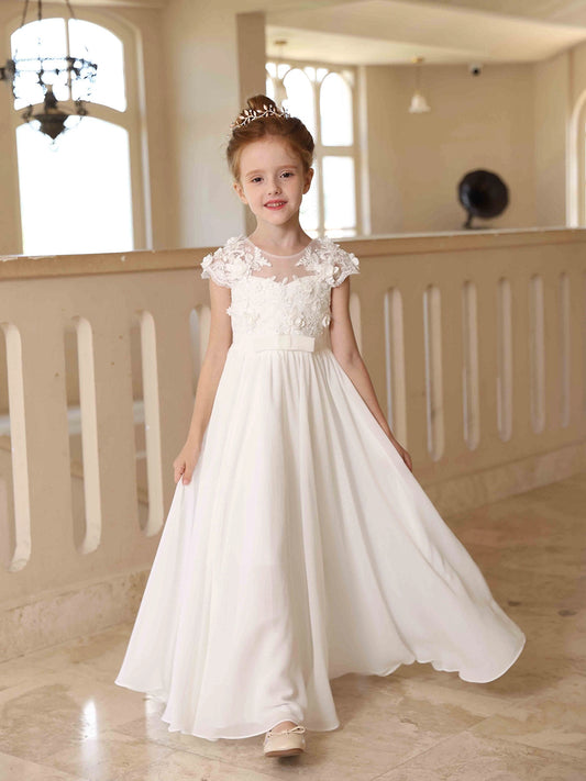 Graceful A?Line Illusion?Neck Cap?Sleeve V?Back Floor?Length Flower Girl dress