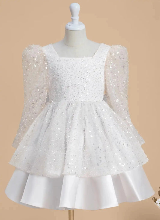 Sparkling A Line Square Neck Long Sleeve Bow Knee Length Party Dress