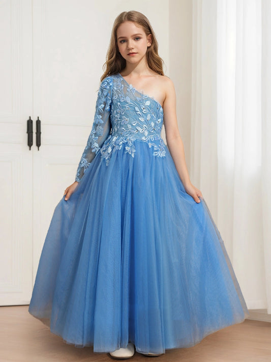 Elegant A Line One Shoulder Long Sleeve Open Back Floor Length Girls Dress