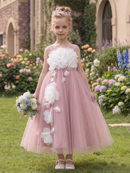 Elegant A-Line Square Neck Sleeveless Bow Back Tea Length Flower Girl Dress