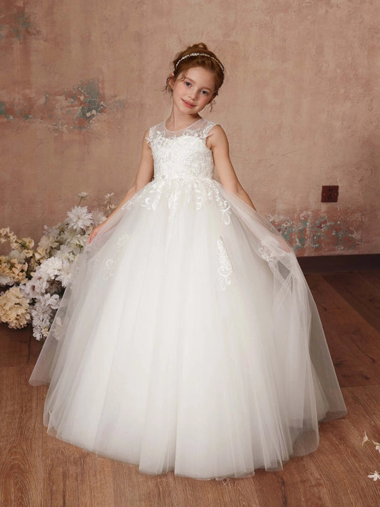 Elegant Ball Gown Illusion Neck Sleeveless Illusion Back Floor Length First Communion Dress