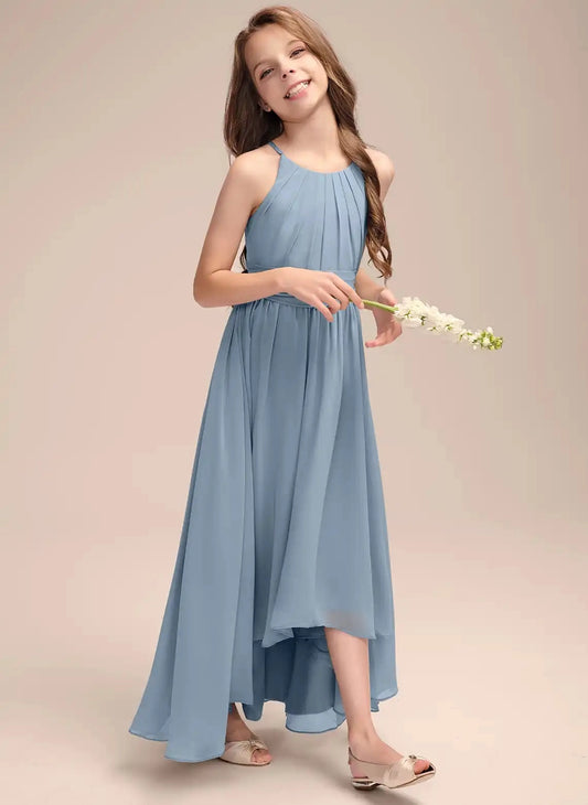 Elegant A Line Halter Sleeveless Criss Cross Back High Low Junior Bridesmaid Dress