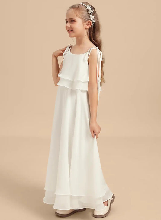 Elegant A Line Square Neck Tie Strap Low Back Maxi Junior Bridesmaid Dress