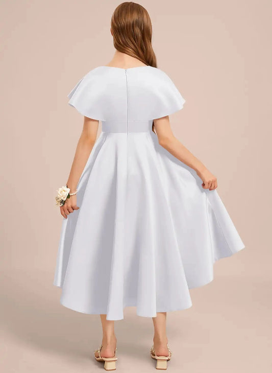 Elegant A Line V Neck Flutter Sleeve Zip Back High Low Junior Bridesmaid Dress
