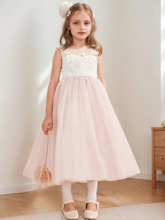 Romantic A Line Illusion Neck Sleeveless Bow Back Tea Length Flower Girl Dress