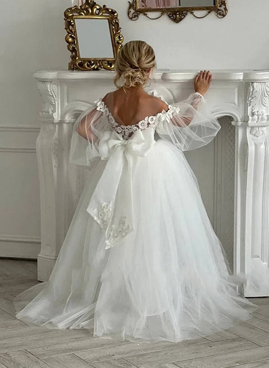 Gorgeous A?Line Off?Shoulder Tulle?Sleeve Lace?Back Floor?Length Flower Girl dress