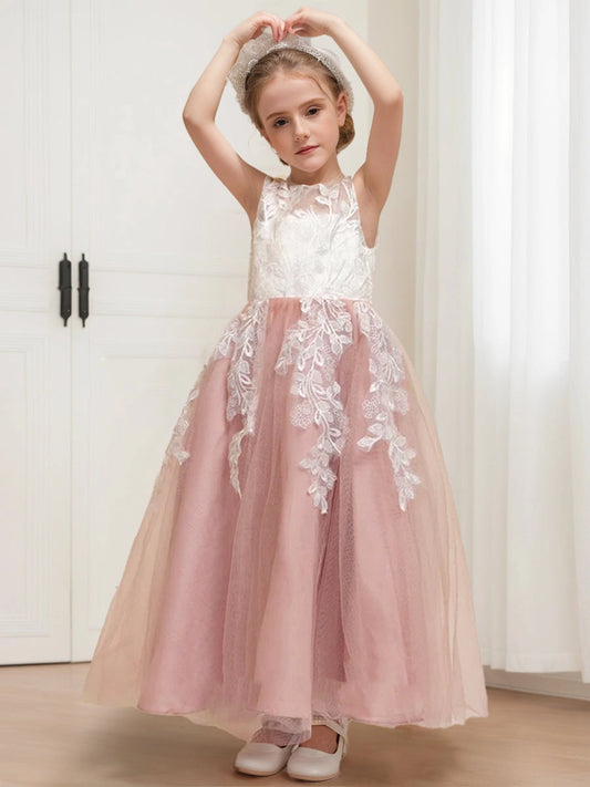 Romantic A Line Round Neck Sleeveless V Back Maxi Flower Girl Dress