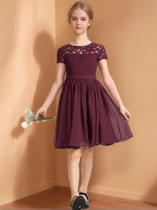 Elegant A?Line Round Neck Short Sleeve Keyhole Back Knee Length Junior Bridesmaid Dress