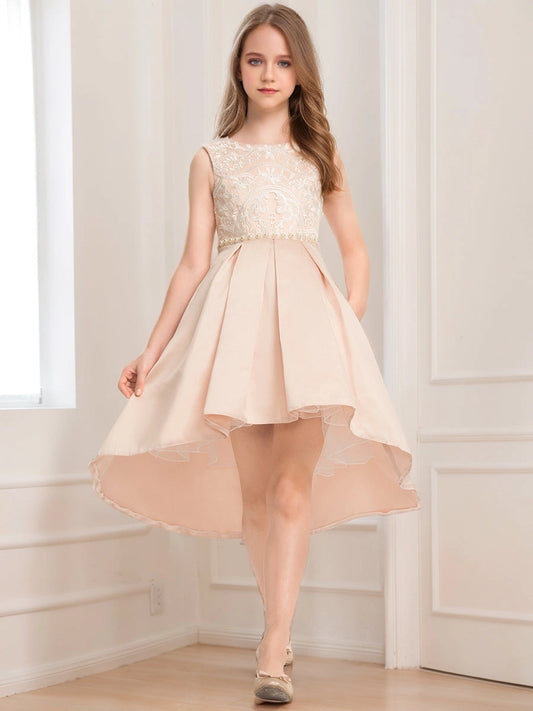 Elegant A?Line Round Neck Sleeveless Zipper?Back Hi?Lo Junior Bridesmaid Dress