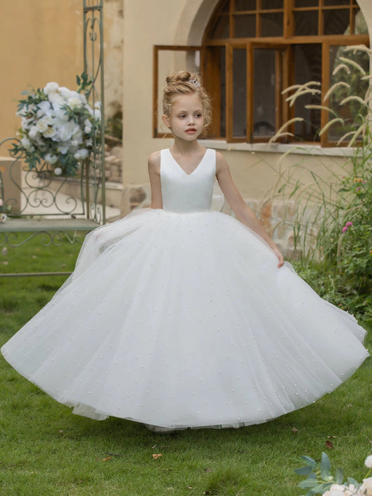 Elegant Ball Gown V?Neck Sleeveless V?Back Floor?Length First Communion Dress
