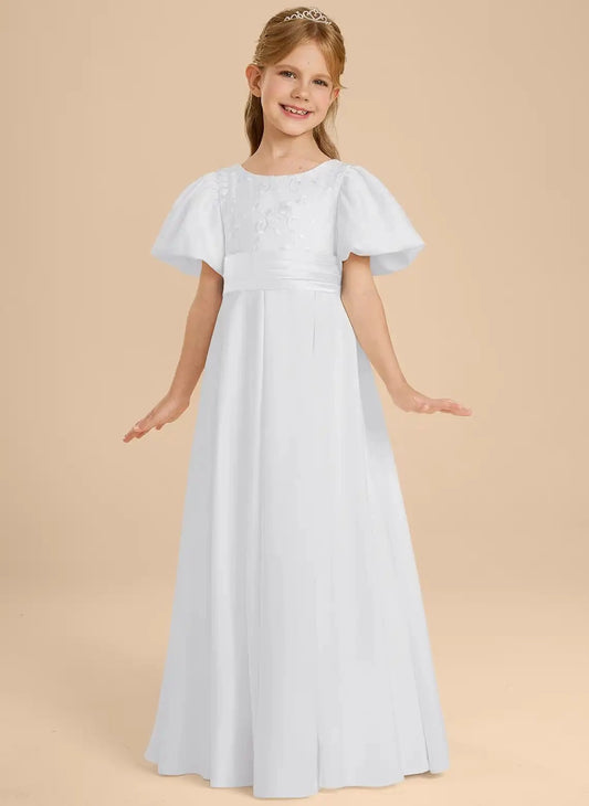 Elegant A Line Round Neck Flutter Sleeve Bow Back Floor Length Communion Dress