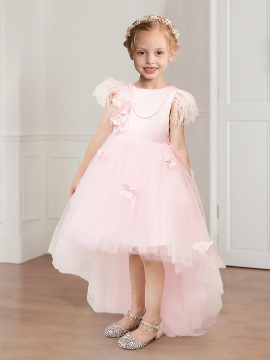 Romantic A Line Round Neck Feather Sleeve Scoop Back High Low Flower Girl Dress