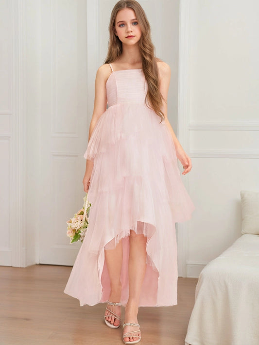 Soft A?Line Square Neck Spaghetti Straps Zipper?Back High?Low Junior Bridesmaid Dress