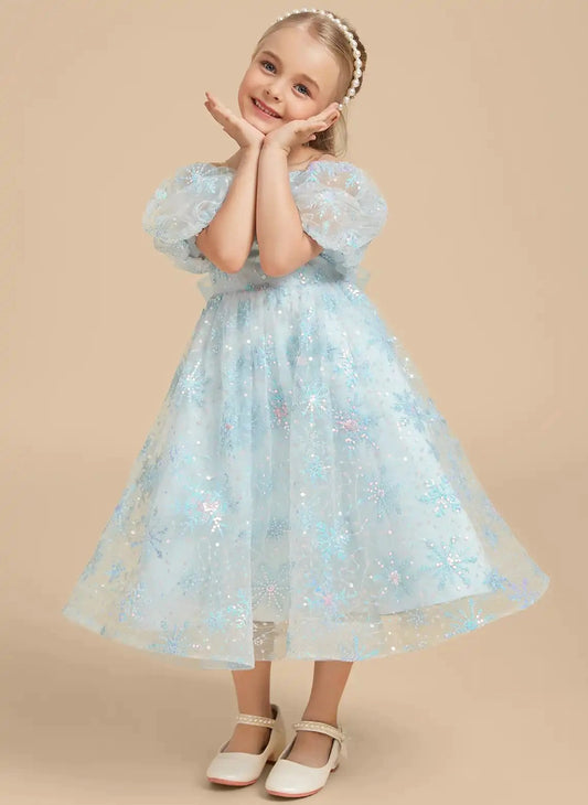 Dreamy A Line Square Neck Puff Sleeve Bow Back Tea Length Girls Dress