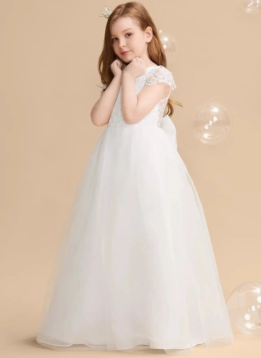 Elegant A Line Round Neck Lace Sleeve Bow Back Floor Length Flower Girl Dress