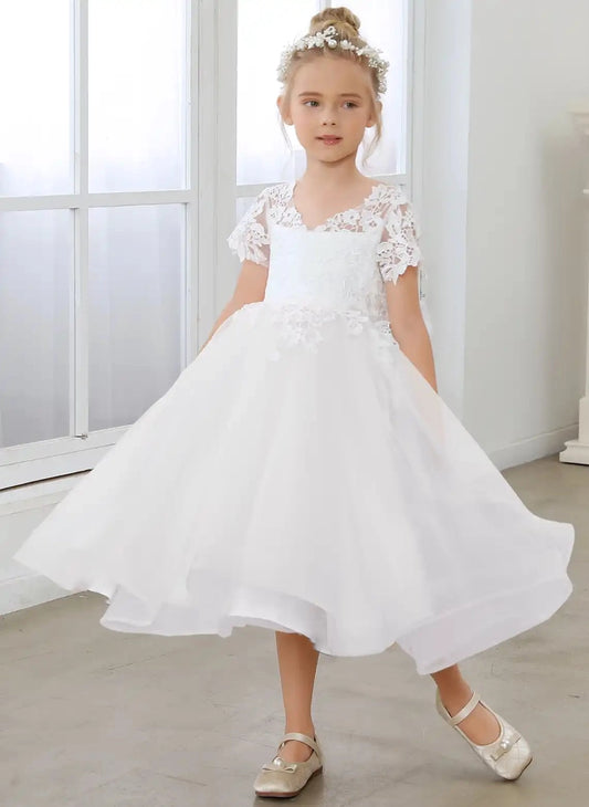 Elegant A Line Lace Neck Short Sleeve V Back Tea Length Flower Girl Dress