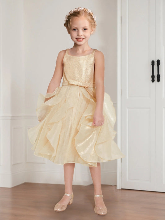 Elegant A Line Square Neck Sleeveless Zip Back Midi Flower Girl Dress