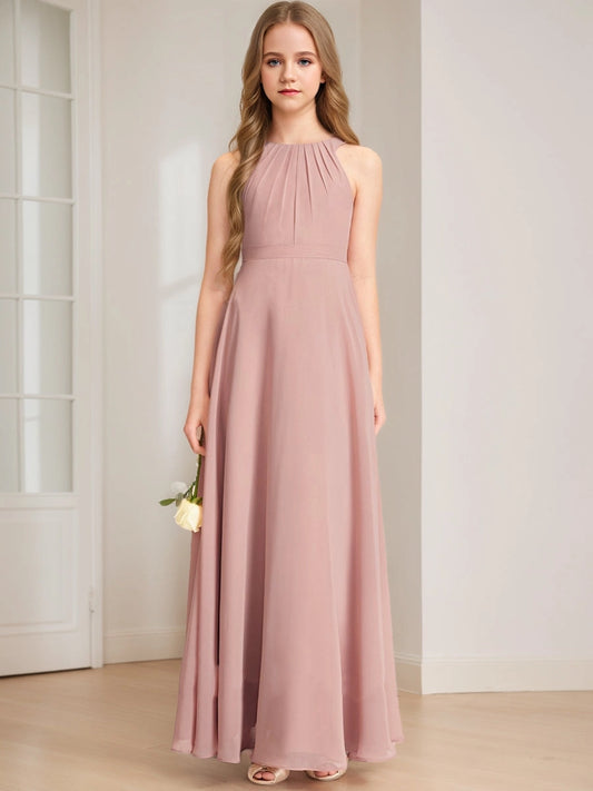 Elegant A?Line Halter Sleeveless Tie?Back Floor?Length Junior Bridesmaid Dress