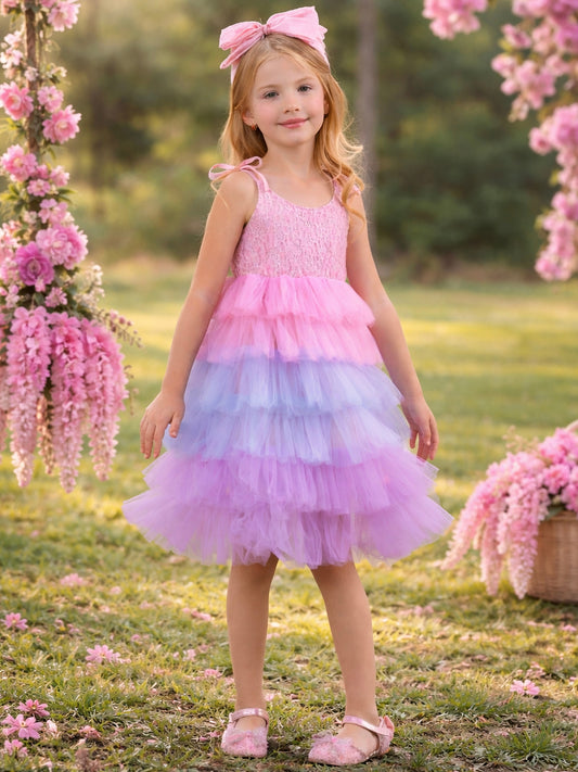 Whimsical A-Line Square Neck Tie Strap Tulle Flower Girl Dress
