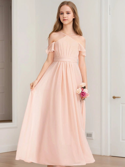 Elegant A?Line Halter Cold?Shoulder Bow?Back Ankle?Length Junior Bridesmaid Dress