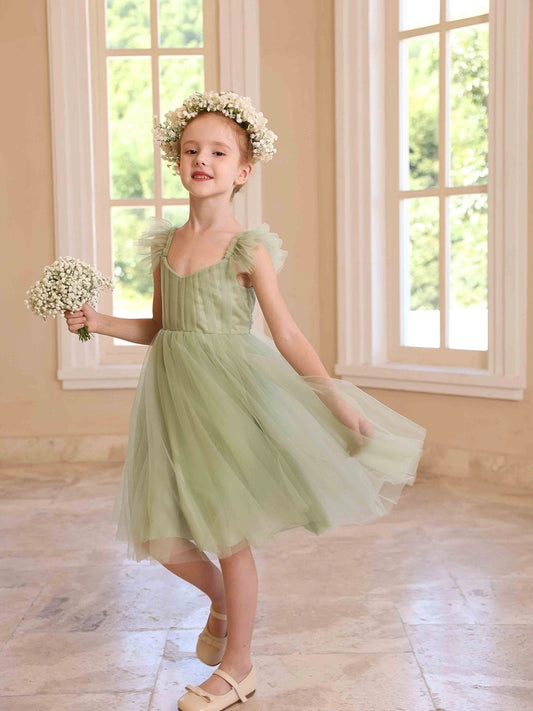 Whimsical A-Line Sweetheart Ruffle Sleeve V-Back Flower Girl Dress