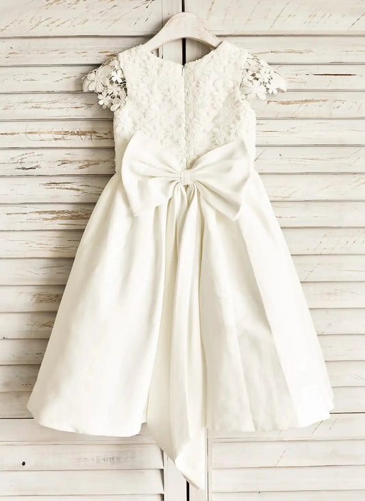 Elegant A Line Round Neck Lace Sleeve Bow Back Tea Length Flower Girl Dress