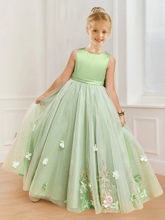 Elegant A Line Round Neck Sleeveless Bow Back Floor Length Flower Girl Dress