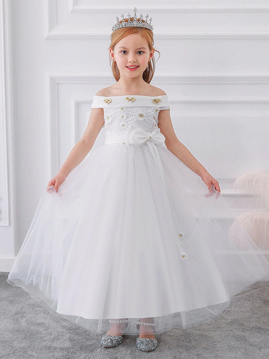 Elegant A?Line Off?Shoulder Sleeveless Zipper?Back Floor?Length First Communion Dress