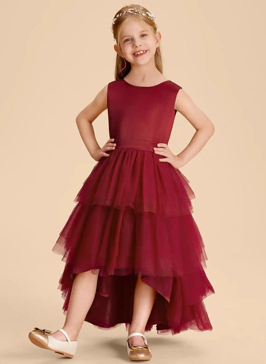 Elegant A Line Round Neck Sleeveless V Back High Low Flower Girl Dress