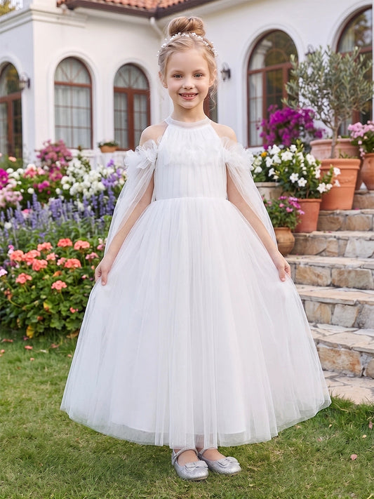 Elegant A-Line Halter Cape Sleeve Keyhole Back Long Flower Girl Dress