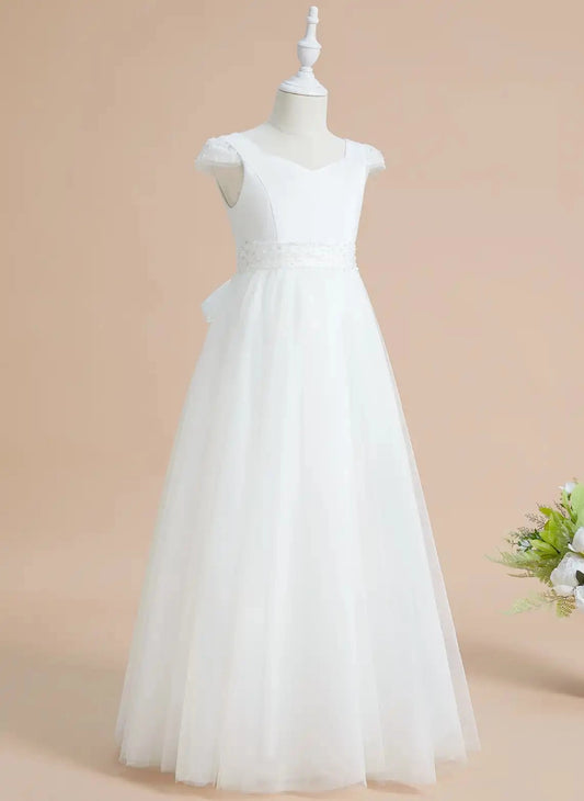 Elegant A Line Sweetheart Cap Sleeve Bow Back Floor Length Communion Dress