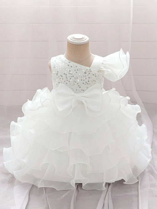 Sparkly A?Line One?Shoulder Single Fly Sleeve Zipper?Back Mini Baby Girl Party Dress