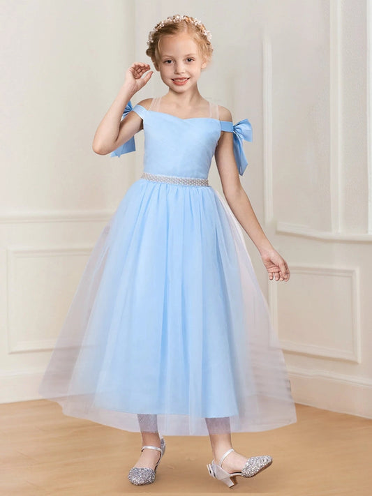 Dreamy A Line Square Neck Bow Sleeve Zip Back Tea Length Flower Girl Dress