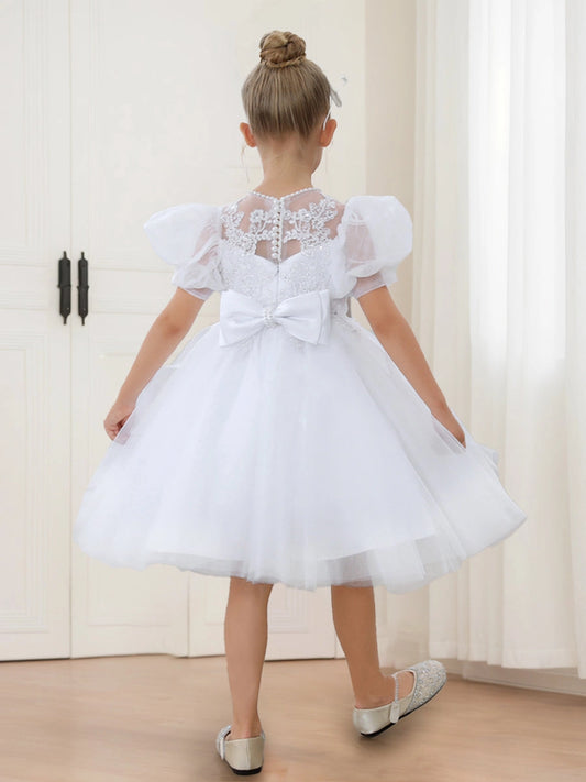 Elegant A Line Illusion Neck Puff Sleeve Bow Back Knee Length Communion Dress