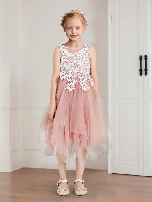 Romantic A Line Round Neck Sleeveless Sheer Back Midi Party Dress