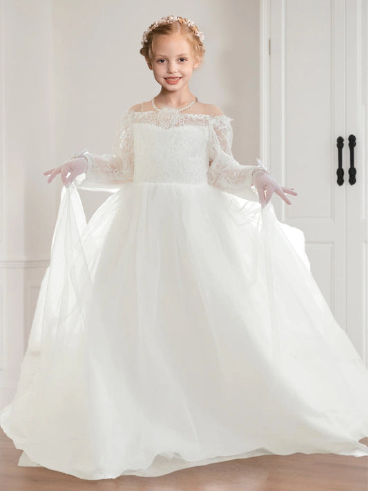 Elegant Ball Gown Illusion Neck Long Sleeve Bow Back Communion Dress