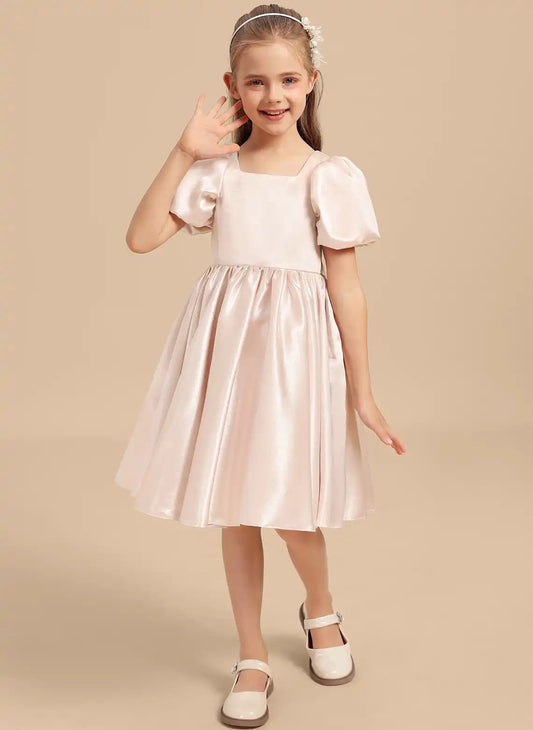 Elegant A Line Square Neck Puff Sleeve Cutout Back Knee Length Girls Dress